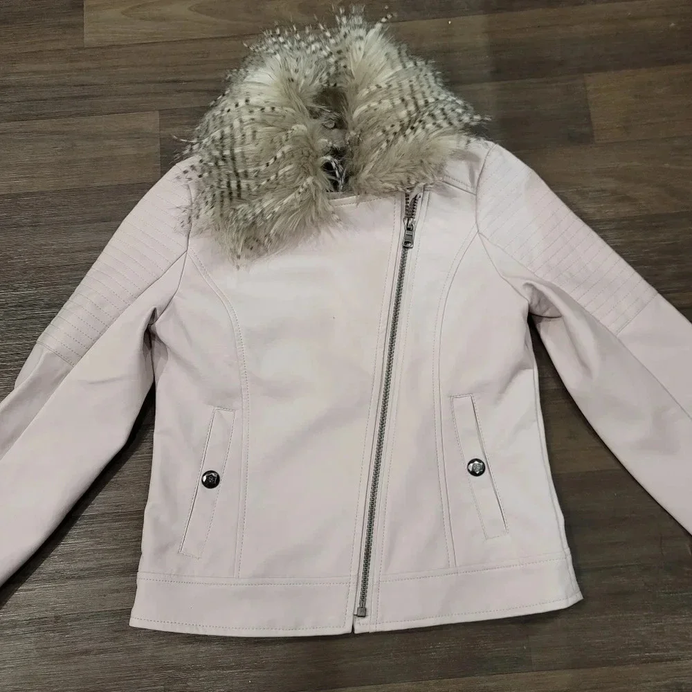 Jessica Simpson Pink Girls Tween Faux Leather Moto Jacket Removable Hood M 10-12